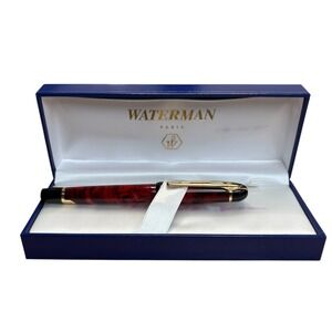 New‎ Waterman Paris Rollerball Pen Red Marble Gold Trim w/ Original Box Blue Ink